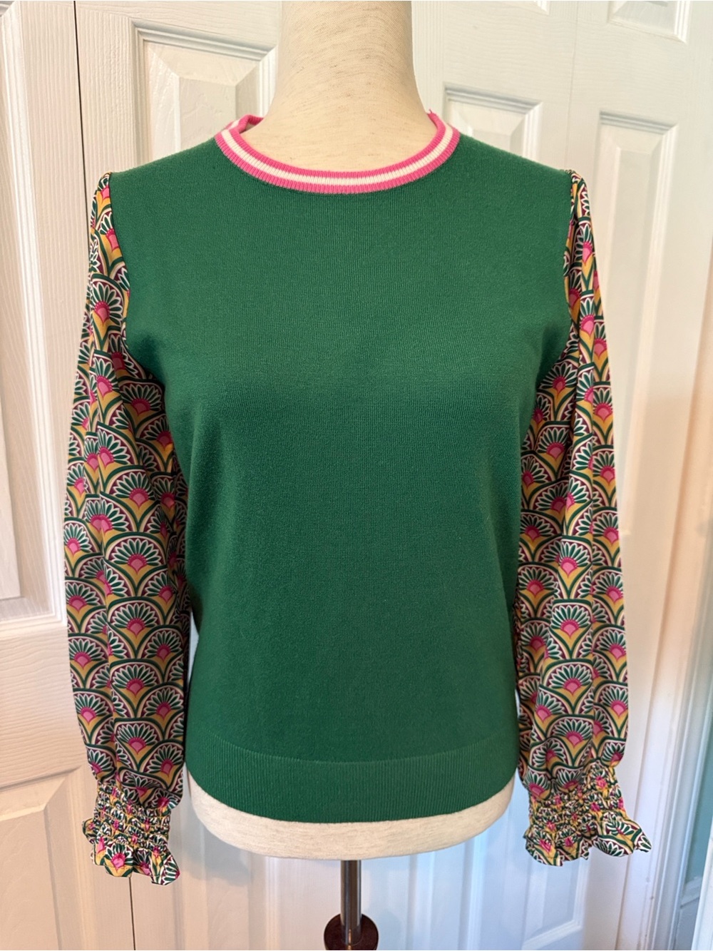THML Green Crewneck Sweater with Pink-Trim Neck and Patterned Sleeves Sz S